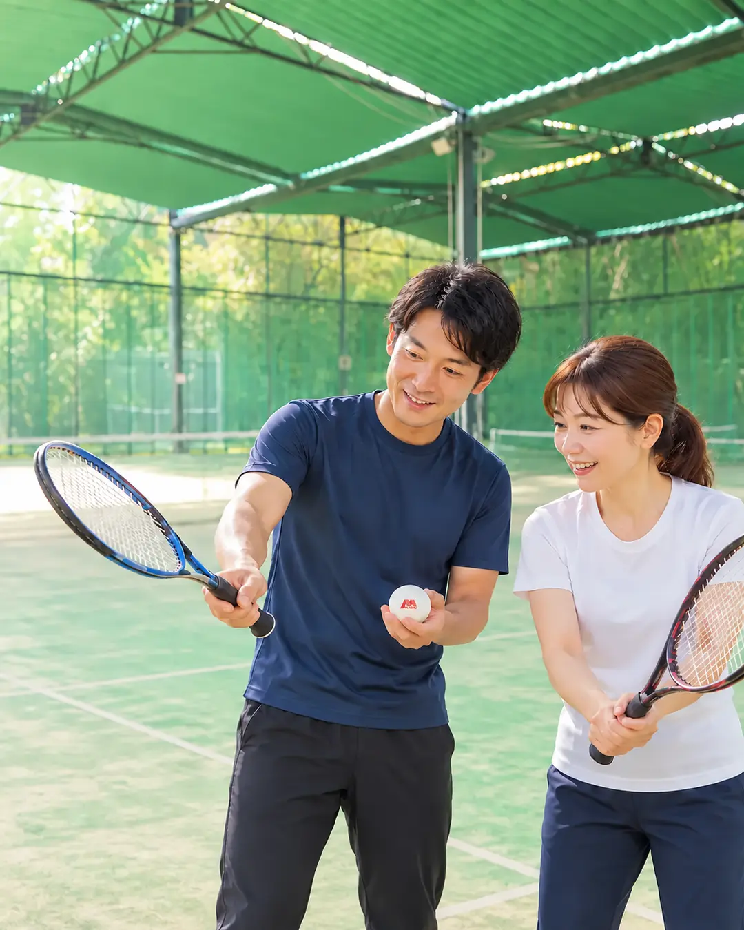 ソフトテニス初心者の女性にラケットの使い方を丁寧に伝えるコーチ